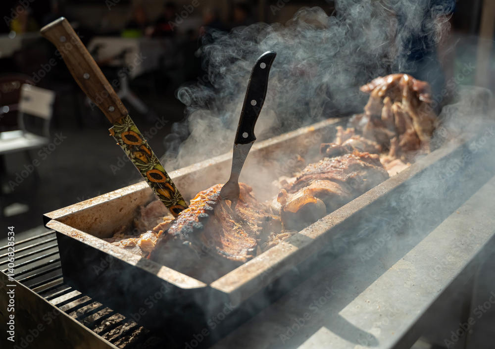 smoked and baked sausage products at a traditional Easter bazaar