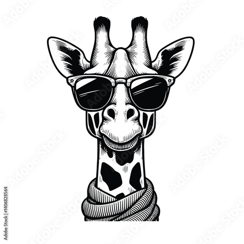 illustration of giraffe wearing sunglasses and scarf black line vector drawing