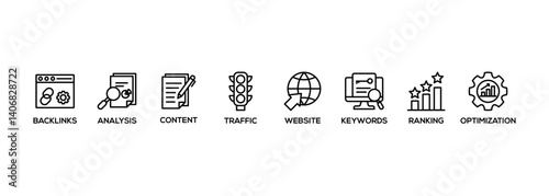 SEO banner web icon vector illustration concept for search engine optimization with icon of website, analysis, content, backlinks, keywords, traffic, ranking, and optimization
