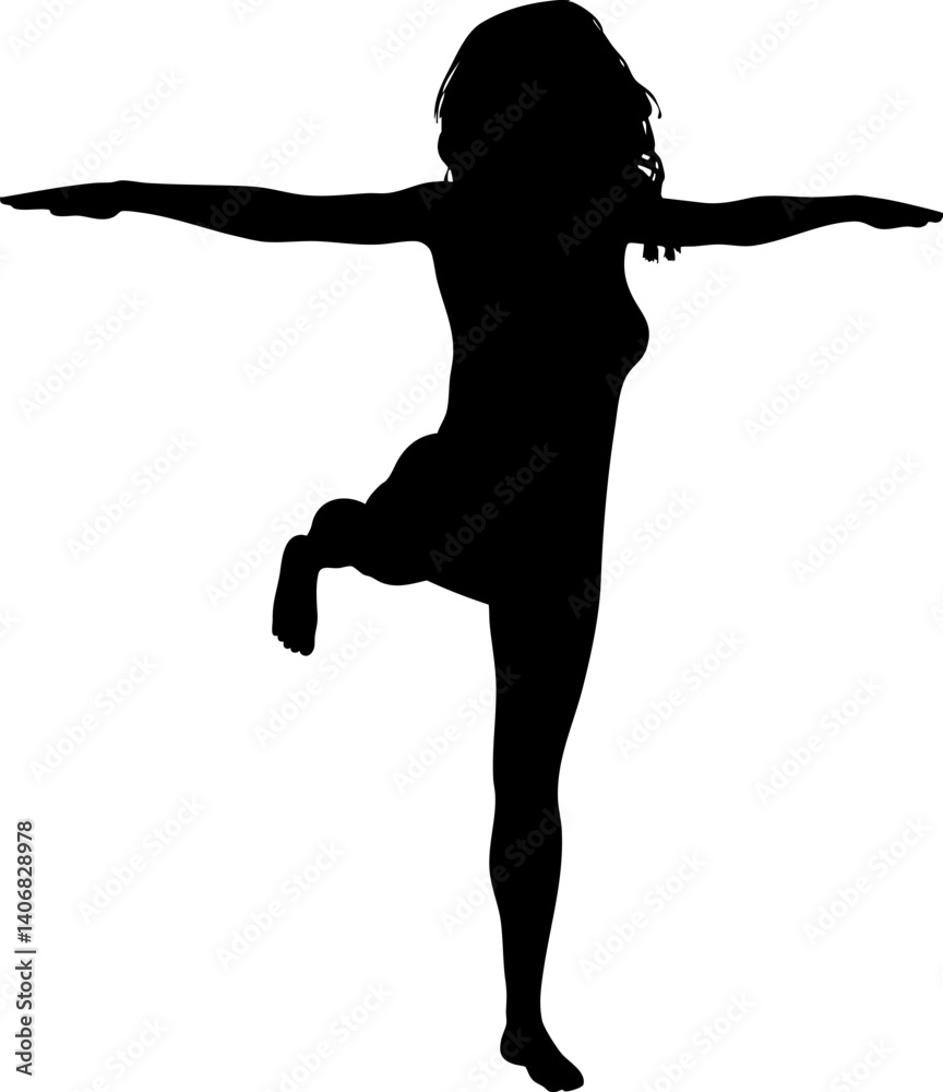 Abstract silhouette of a dancing woman with bare feet, showcasing graceful movements and the beauty of the human form in motion. Ideal for dance themes, the image conveys freedom and artistry.