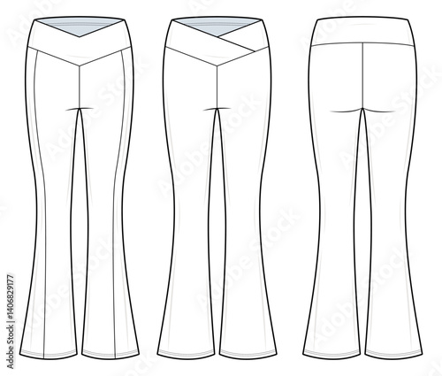 V-Waist Flare Gym Pants Technical Fashion Illustration. Activewear Flared Leggings Vector Template. Front and Back View. High-Rise V-Shaped Waistband. Stretch Fit. White Color. CAD Mockup Set.