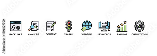 SEO banner web icon vector illustration concept for search engine optimization with icon of website, analysis, content, backlinks, keywords, traffic, ranking, and optimization
