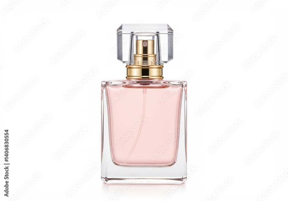 A square perfume bottle with pink liquid and a clear geometric cap on a white background shot in studio A square perfume bottle with pink liquid and a clear geometric cap on a white background shot in studio
