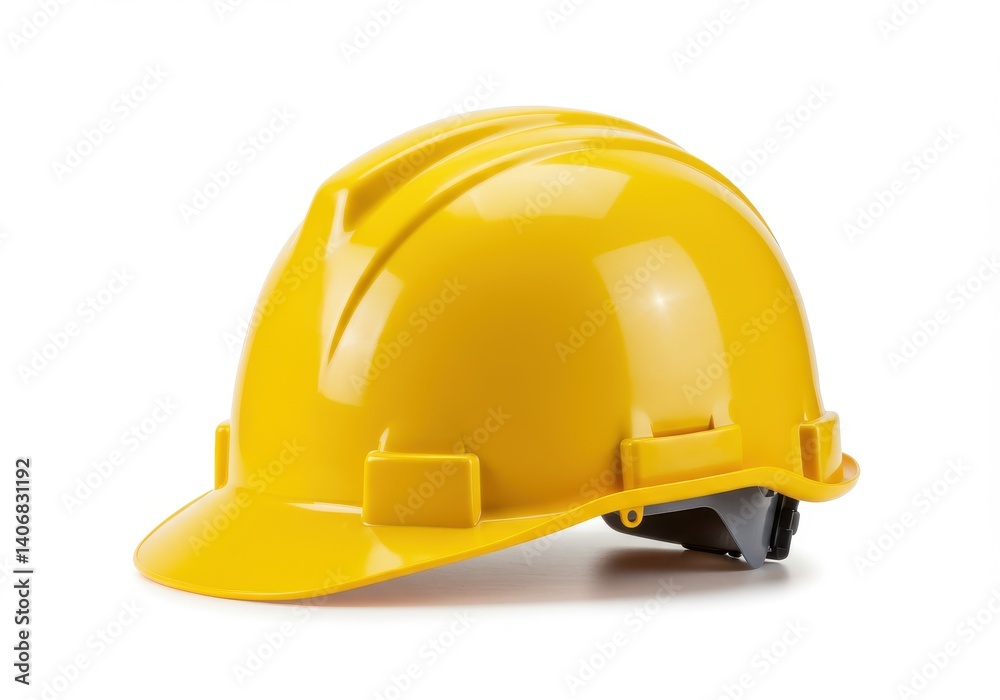 Fototapeta premium A bright yellow hard hat resting on a white surface in a studio setting with good lighting