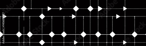 Geometric_pattern_on_black_with_white_diamonds_and_arrows_connected_by_solid_and_dashed_lines_creating_a_flowchart-like_arrangement_