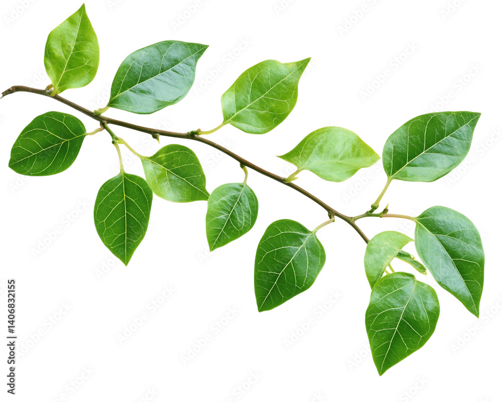 Fototapeta premium Vibrant Green Branch with Lush Leaves on Transparent Background, PNG