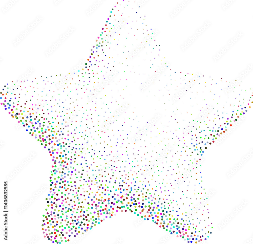 Abstract colorful stipple gradient halftone star, dotted textures of holographic color. Geometric noise star shaped, patterns are made of simple dots and grains. Stipple dotted star illustration