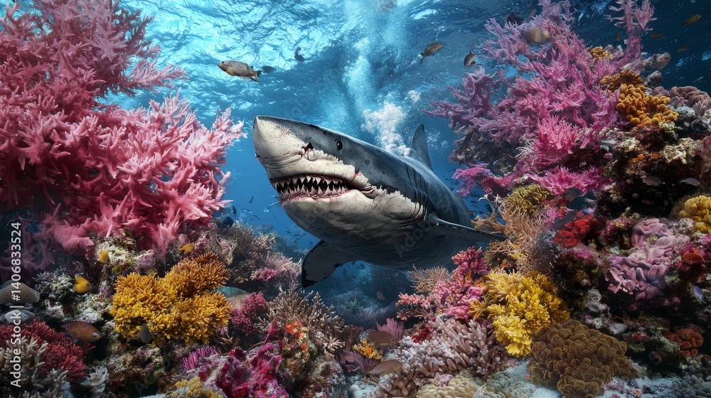 Fototapeta premium Megalodon in the deep close-up photography of vibrant marine habitat and coral reef
