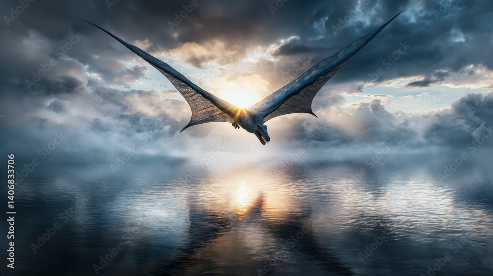 Obraz premium Pteranodon soars over misty waters enchanted landscape nature scene aerial view majestic flight