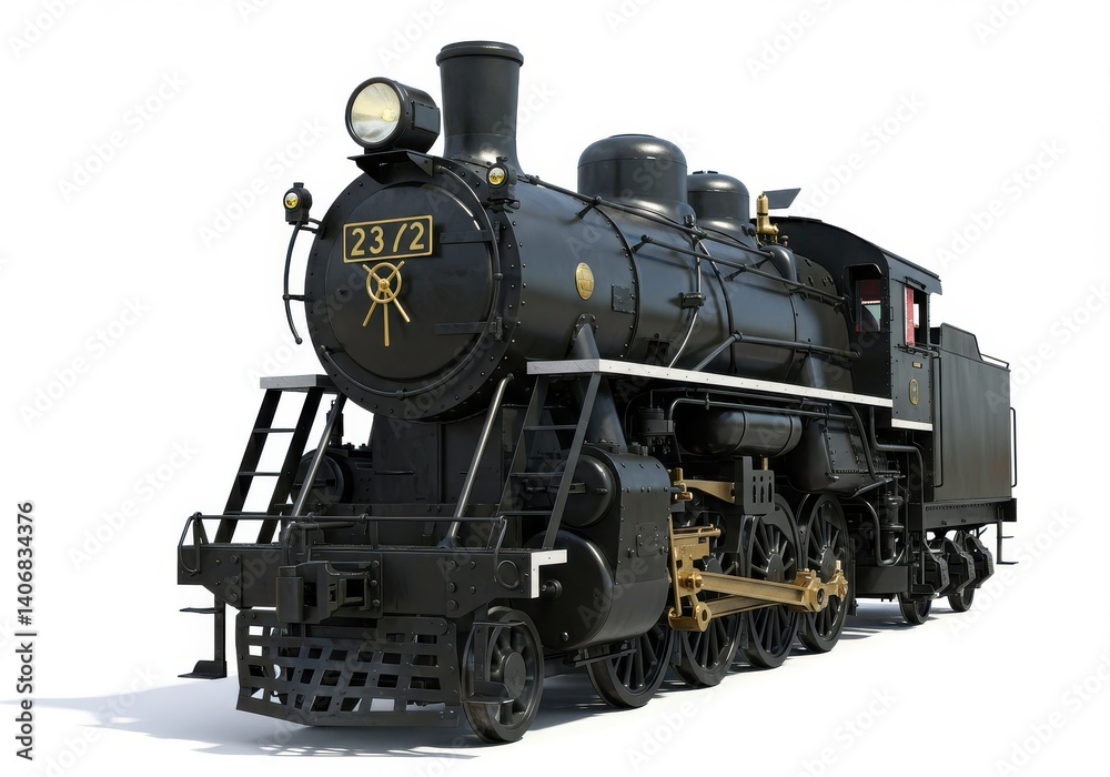 Fototapeta premium A detailed view of a black steam engine train with gold accents on a white background isolated