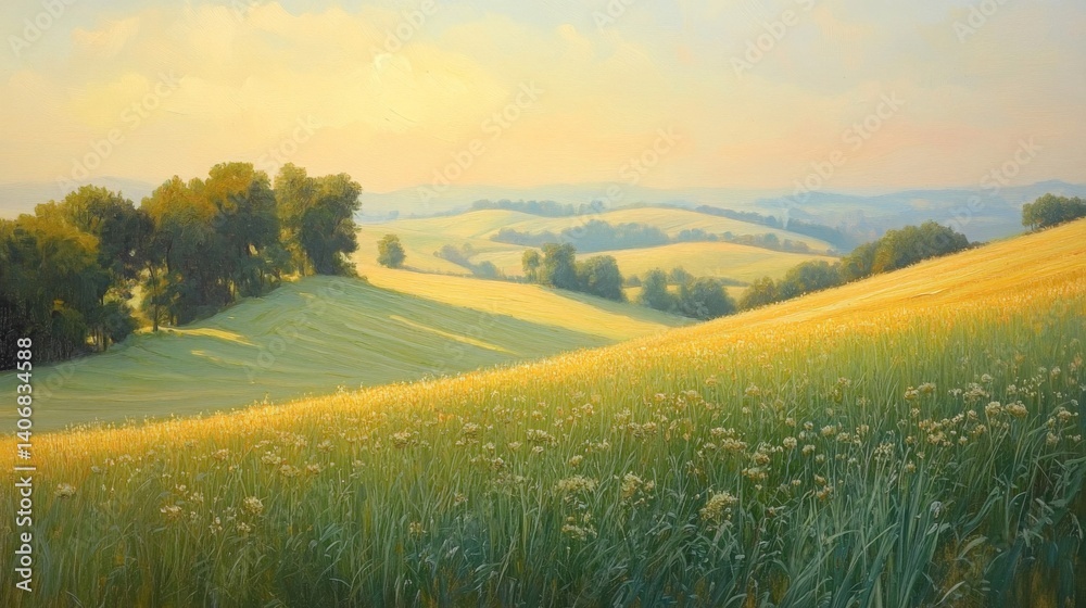 Obraz premium Summer Sunset Over Rolling Hills and Golden Fields