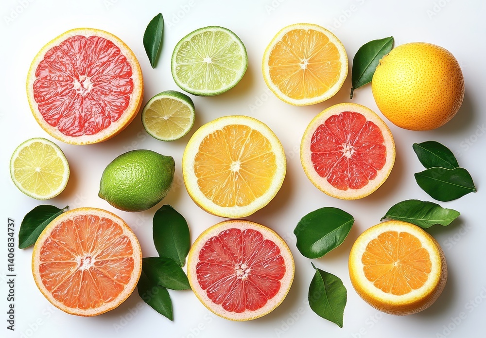 Fototapeta premium Fresh Citrus Fruits Arrangement with Colorful Halves and Leaves on White Background, Ideal for Healthy Lifestyle and Cooking Inspiration