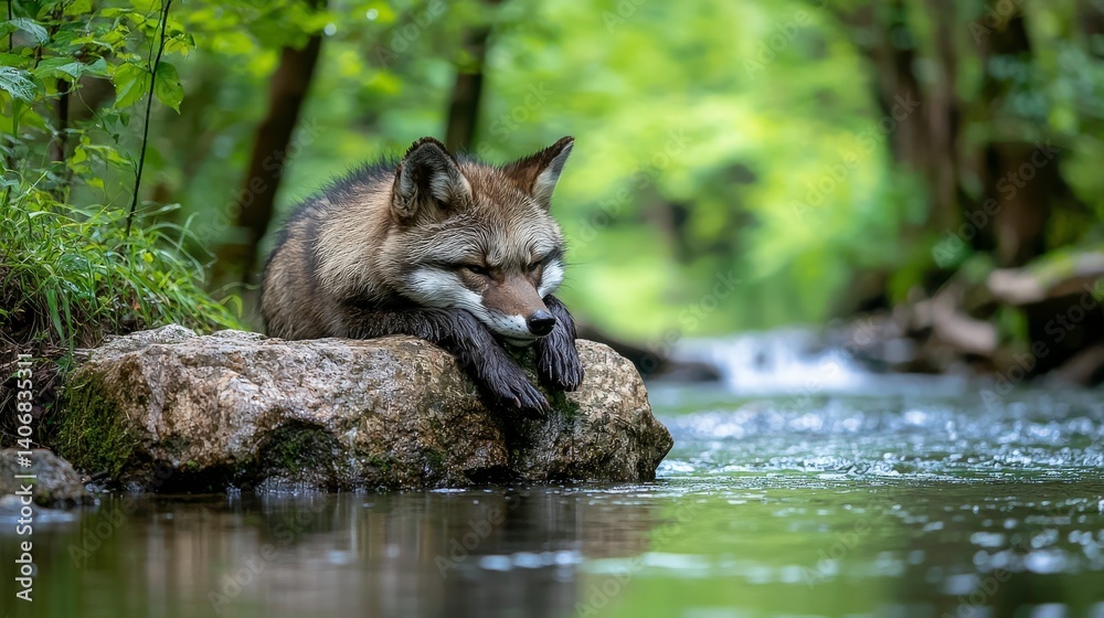 Obraz premium Calm tanuki resting on rock by serene stream nature photography tranquil environment close-up view wildlife concept