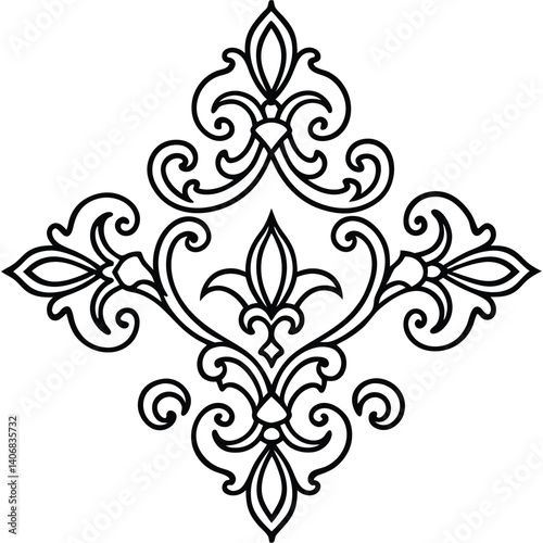 Minimalist Repeating Damask Textile Motif Seamless Vector Illustration, Damask, Repeating, Textile, Motif, Seamless