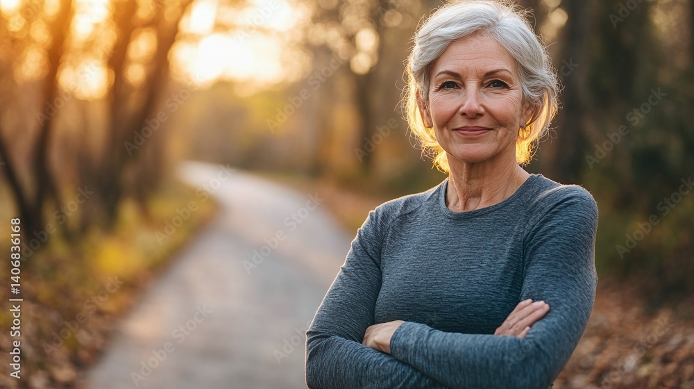 Obraz premium Confident senior woman standing with crossed arms on a peaceful path surrounded by autumn trees