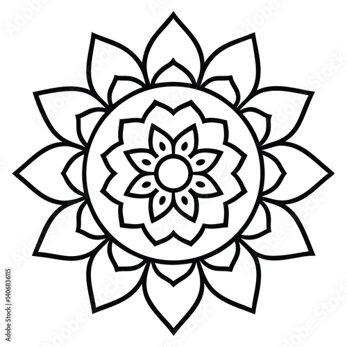 A symmetrical black and white mandala with concentric circular floral patterns. Intricate design features multiple layers of petals and a central flower. Simple, elegant, and geometric.