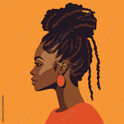 African woman with dreadlocks styled into an updo, stylish vector illustration