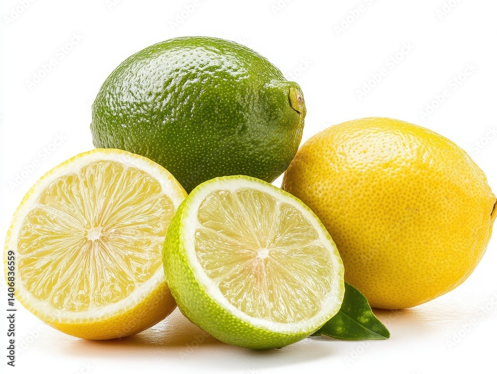 Fresh Citrus Fruits with Bright Colors and Textures Featuring Whole Limes, Whole Lemons, and Halved Citrus Fruit Slices on a Clean Background Fresh Citrus Fruits with Bright Colors and Textures Featuring Whole Limes, Whole Lemons, and Halved Citrus Fruit Slices on a Clean Background
