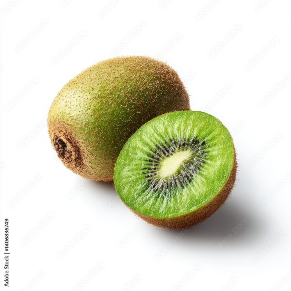 Image of a whole kiwi fruit and a half kiwi fruit, isolated on a clean white background Image of a whole kiwi fruit and a half kiwi fruit, isolated on a clean white background