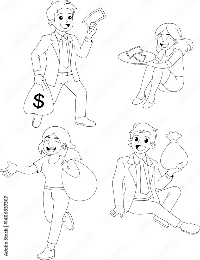 Cartoon Characters Making Money and Holding Cash Bags Cartoon Characters Making Money and Holding Cash Bags