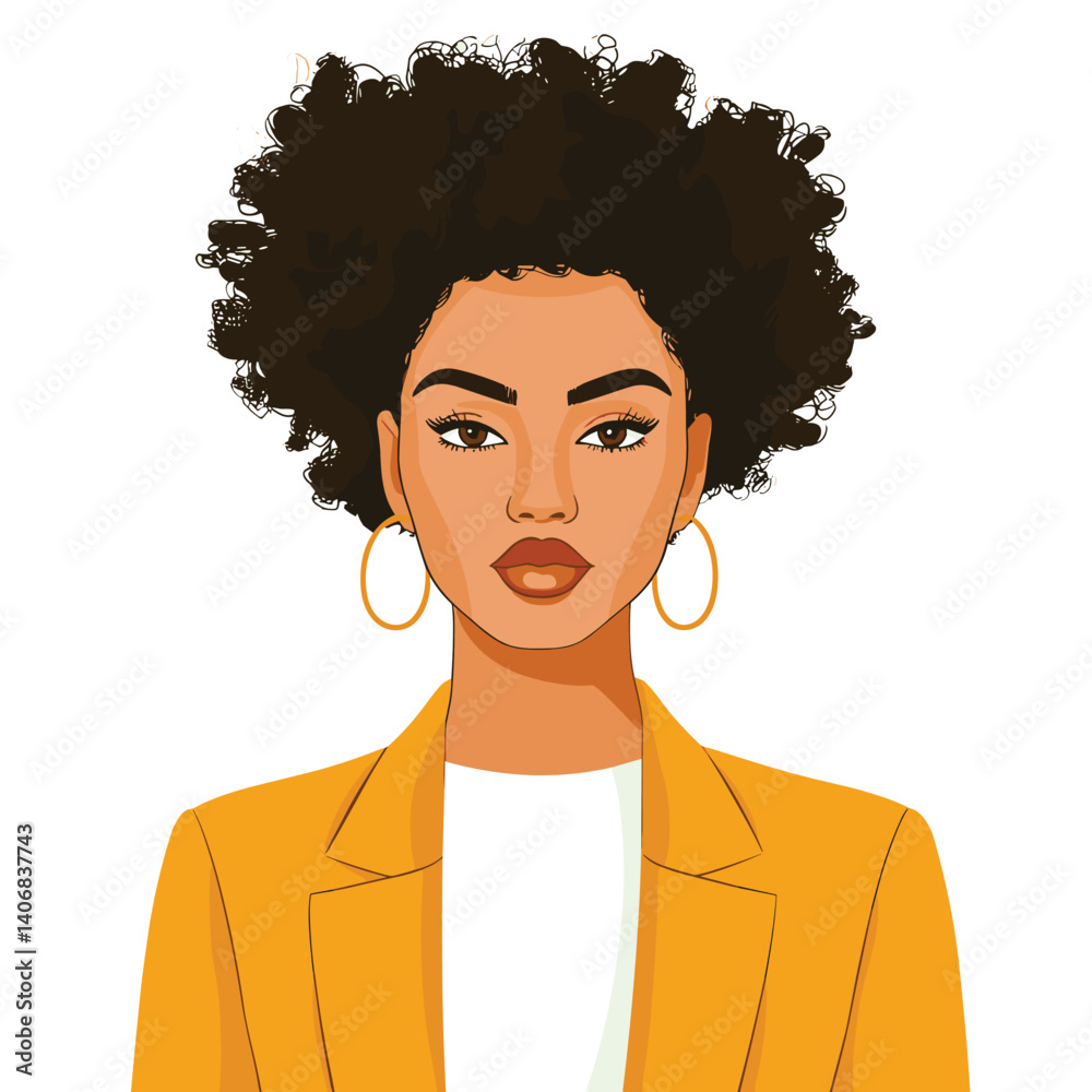 African woman with high puff afro hairstyle, wearing a mustard yellow blazer, white top, and gold hoop earrings, confident expression vector illustration African woman with high puff afro hairstyle, wearing a mustard yellow blazer, white top, and gold hoop earrings, confident expression vector illustration