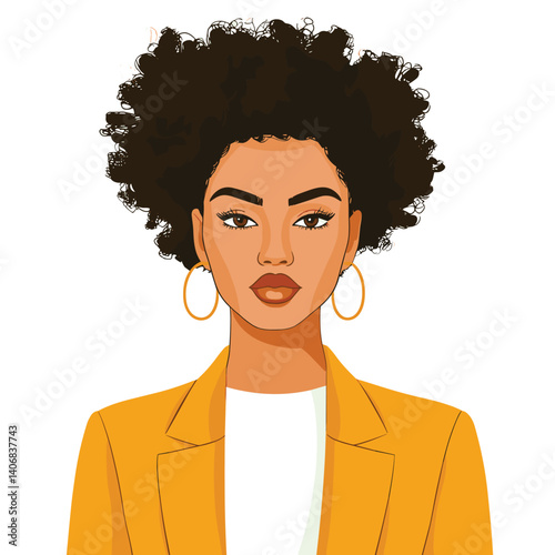 African woman with high puff afro hairstyle, wearing a mustard yellow blazer, white top, and gold hoop earrings, confident expression vector illustration
