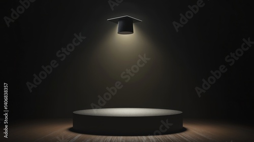 Graduation cap spotlighted on empty round stage in dark space