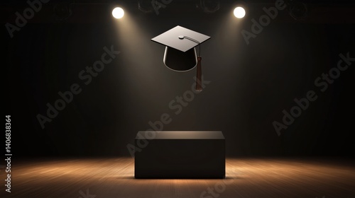 Graduation hat floating above square platform in warm light