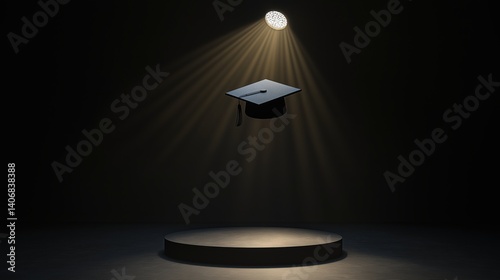Single academic cap under narrow spotlight on black stage