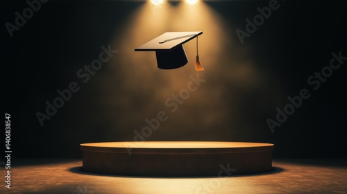 Graduation cap on center stage in dramatic amber lighting