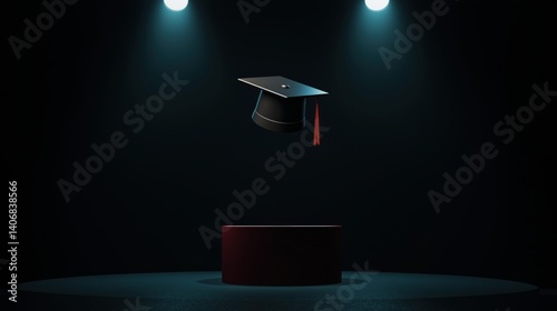 Graduation cap in spotlight with red-lit stage
