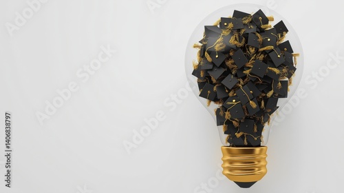 Creative lightbulb filled with gold-black caps on white surface