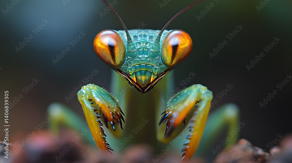 Detailed photography of a praying mantis, its spiked forelegs folded and its alien-like eyes in sharp focus, capturing its unique shape and vivid green color.