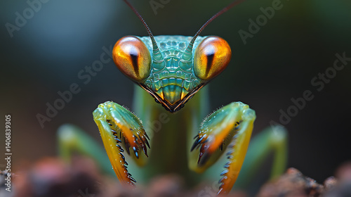 Obraz na płótnie Detailed photography of a praying mantis, its spiked forelegs folded and its alien-like eyes in sharp focus, capturing its unique shape and vivid green color. w salonie
