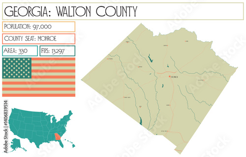 Large and detailed map of Walton County in Georgia USA.
