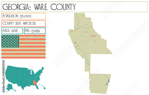 Large and detailed map of Ware County in Georgia USA.