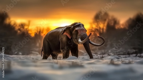 Elephant walking through snowy landscape at sunset nature scene wildlife photography serene environment