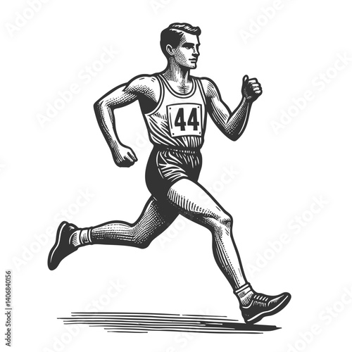male athlete running, symbolizing fitness, determination, and endurance in sports sketch engraving generative ai fictional character vector illustration. Scratch board imitation. Black and white image