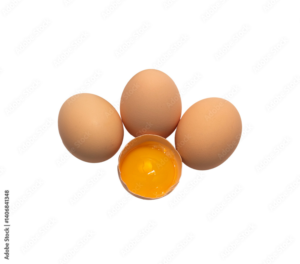 Light brown organic raw chicken eggs with yolk in package isolated on white background. Light brown organic raw chicken eggs with yolk in package isolated on white background.