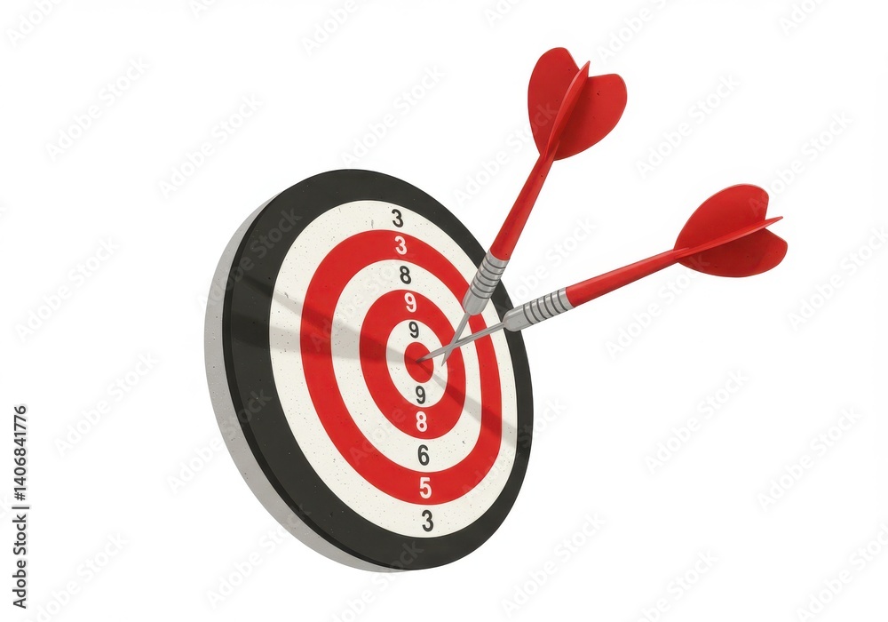 A target with red and white circles and two red darts stuck in the bullseye on a white background A target with red and white circles and two red darts stuck in the bullseye on a white background