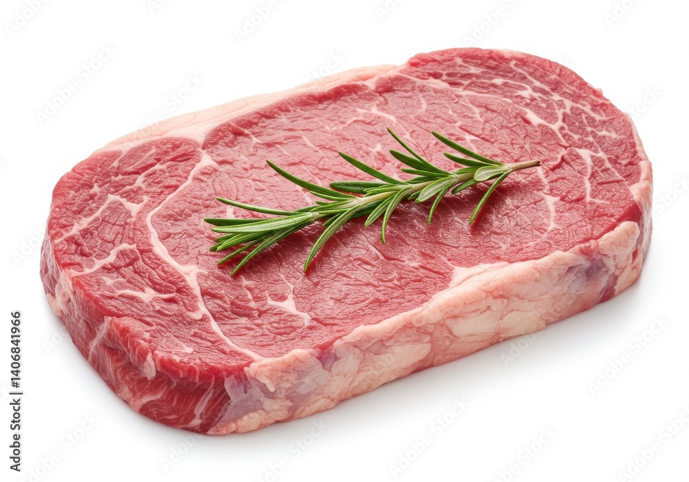 A raw ribeye steak with rosemary sprig on top against a plain white background in a studio shot A raw ribeye steak with rosemary sprig on top against a plain white background in a studio shot
