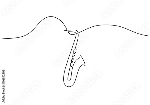 Saxophone one line drawing. Continuous hand drawn outline jazz classical music instrument. Blowing tools for player.