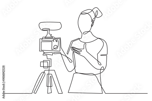 Continuous Line Drawing of Woman and Camera Isolated on White