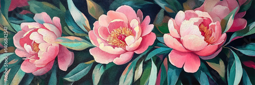 vector illustration of pink peonies in style of oil painting on canvas