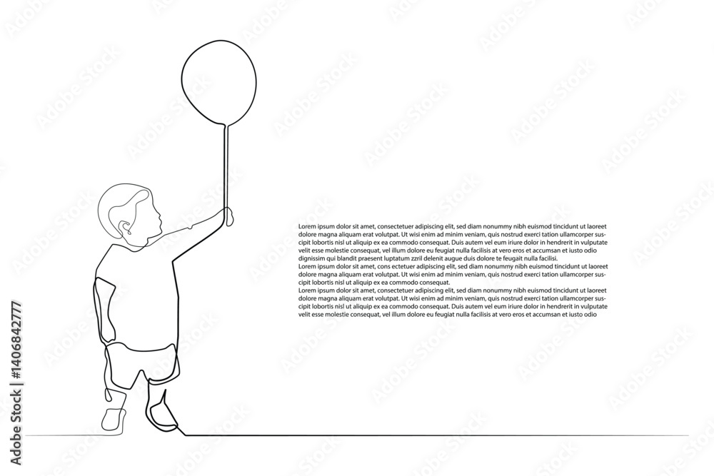 Continuous Line Drawing of Boy with Balloon and Text Continuous Line Drawing of Boy with Balloon and Text