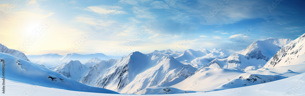 A sweeping view of a snowy mountain range, with a clear blue sky and soft, puffy clouds. A sweeping view of a snowy mountain range, with a clear blue sky and soft, puffy clouds.