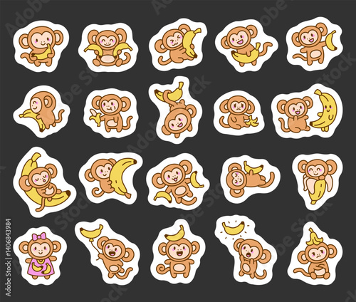 Cute monkey character set enjoying bananas and showing different emotions while sitting, hugging, smiling, sleeping, eating, and wearing adorable outfits for yours projects