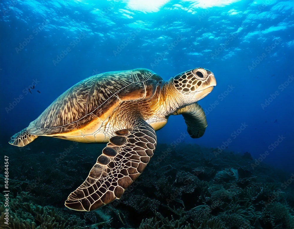 Fototapeta premium A green sea turtle swims underwater near a vibrant coral reef
