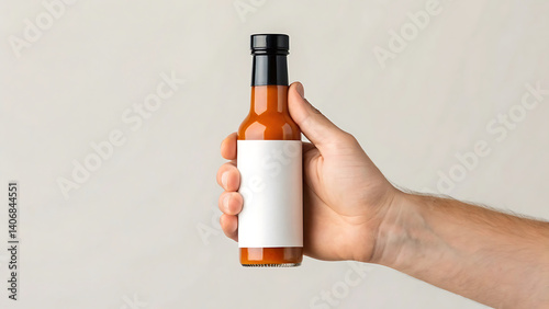 Hand holding small hot sauce bottle with blank label perfect for branding design mockups and spicy food product advertising