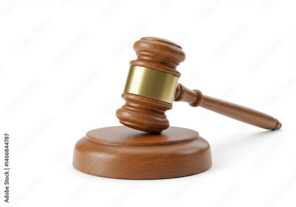 A wooden gavel with a gold band resting on a wooden base on a white background in a studio shot A wooden gavel with a gold band resting on a wooden base on a white background in a studio shot